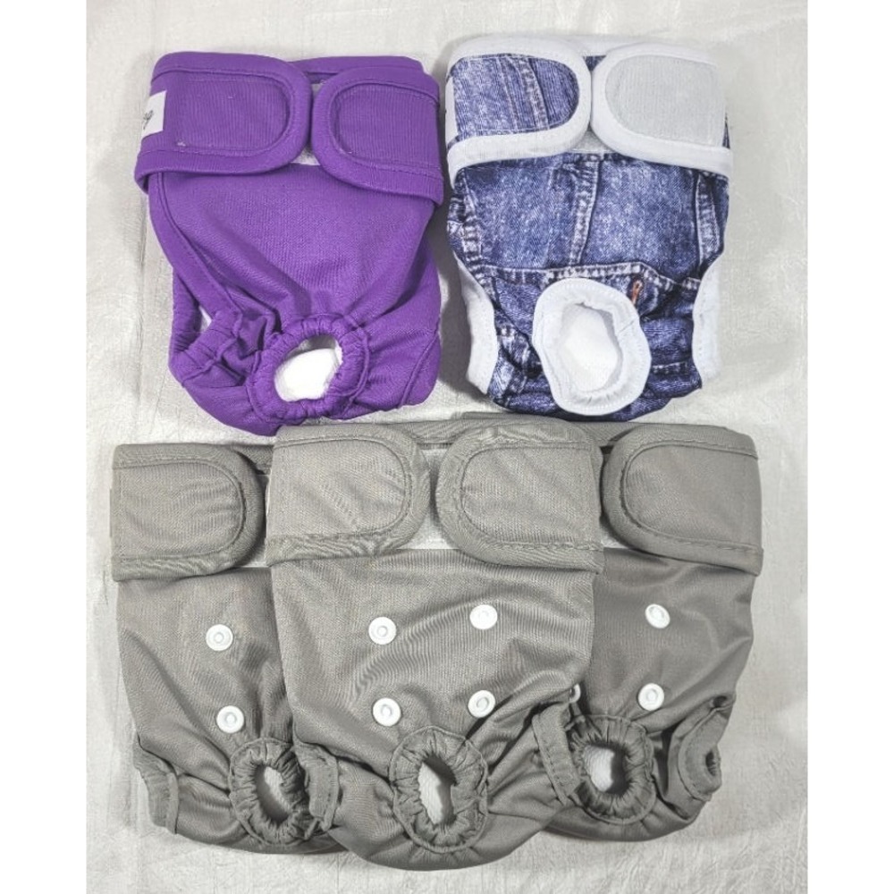 5 Reusable Washable Female Doggie Diapers - Gray, Purple, Denim XS 5-7.5" Waist